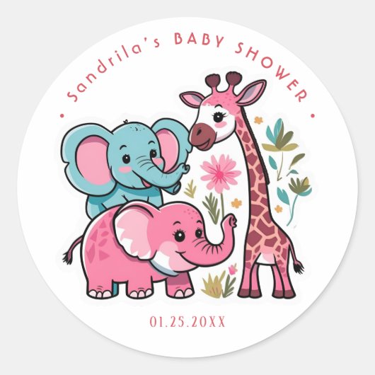 Pink Safari Animals Theme Girl Birthday Party Ronde Sticker (Voorkant)