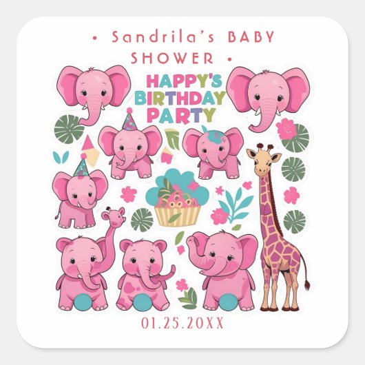 Pink Safari Animals Theme Girl Birthday Party  Vierkante Sticker (Voorkant)