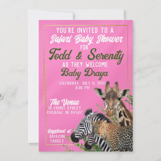 Pink Safari Baby shower Uitnodiging (Voorkant)