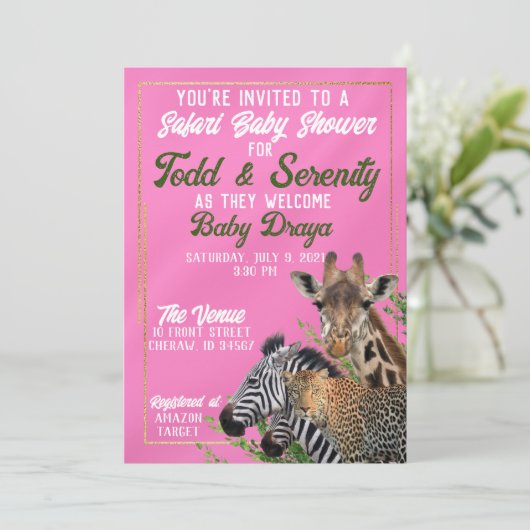 Pink Safari Baby shower Uitnodiging (Staand voorkant)