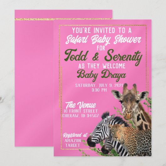 Pink Safari Baby shower Uitnodiging (Voorkant / Achterkant)