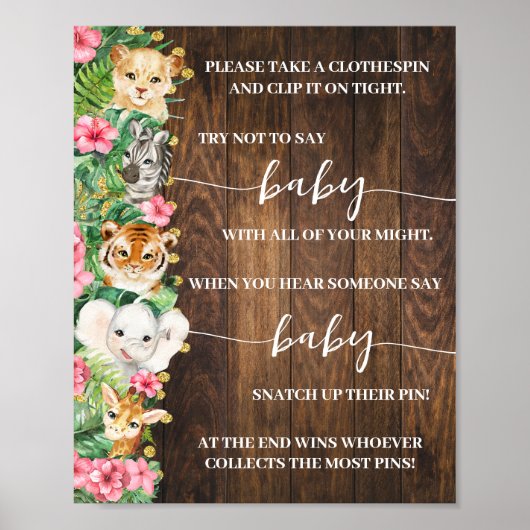 Pink Safari Don't Say Baby Clothespin Shower Game Poster (Voorkant)