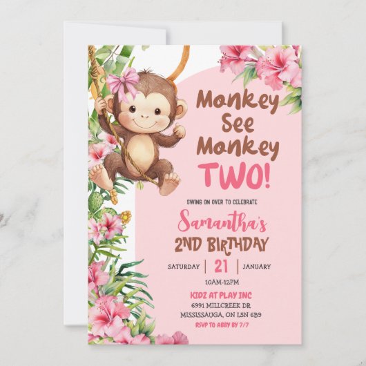 Pink Safari Monkey See Monkey Two 2nd Birthday Kaart (Voorkant)