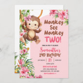 Pink Safari Monkey See Monkey Two 2nd Birthday Kaart (Voorkant / Achterkant)