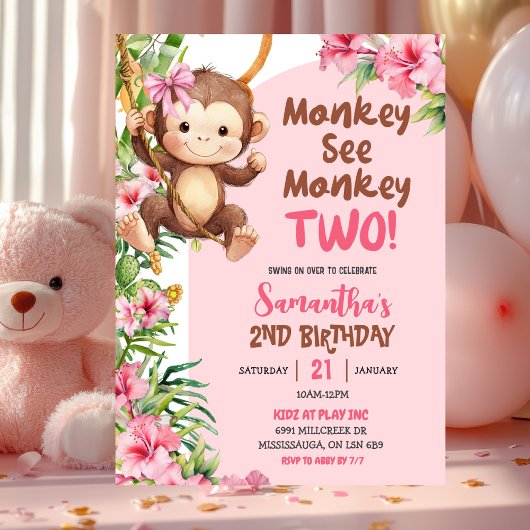 Pink Safari Monkey See Monkey Two 2nd Birthday Kaart