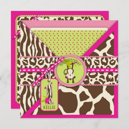 Pink Safari Oerwoud aap eerste verjaardag Kaart (Voorkant / Achterkant)