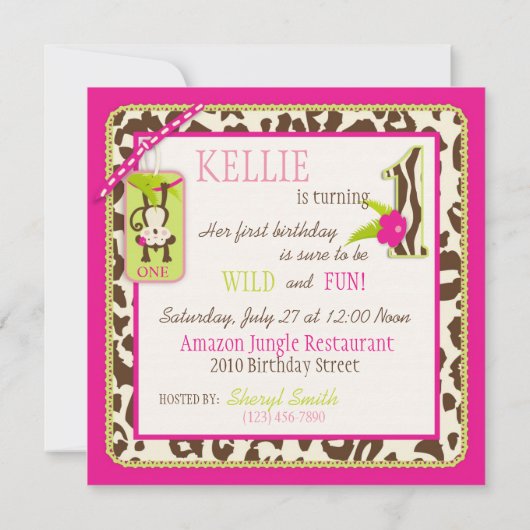Pink Safari Oerwoud aap eerste verjaardag Kaart (Achterkant)