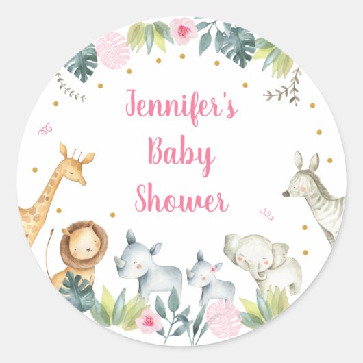 Pink Safari Oerwoud Baby shower Ronde Sticker (Voorkant)