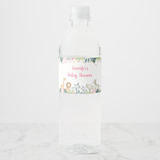 Pink Safari Oerwoud Baby shower Waterfles Etiket (Voorkant)