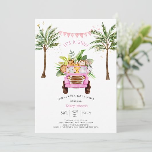 Pink Safari Oerwoud Palm Trees Girly Baby shower Kaart (Staand voorkant)