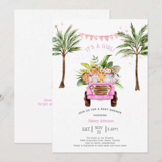 Pink Safari Oerwoud Palm Trees Girly Baby shower Kaart (Voorkant / Achterkant)