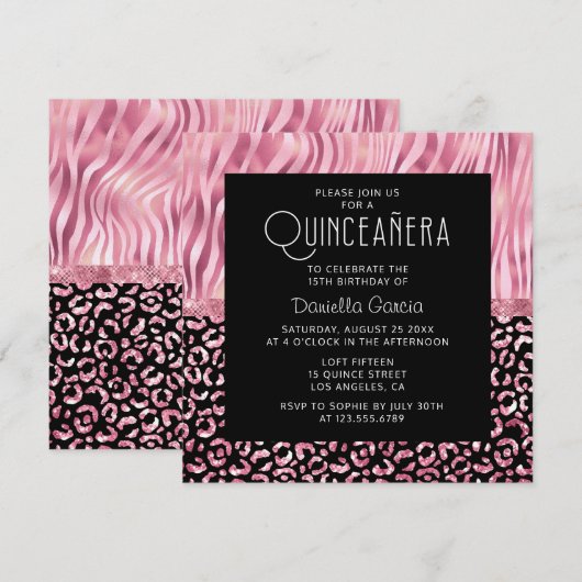 Pink Safari Tiger Leopard Shimmer Quinceañera Kaart (Voorkant / Achterkant)