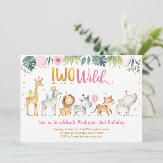 Pink Safari Two Wild Birthday Kaart (Staand voorkant)