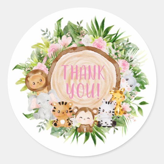 Pink Safari Woodland Animals Baby shower Dank u Ronde Sticker (Voorkant)