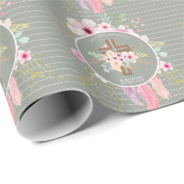 Pink Sage Floral Cross BAUTIZO Baptism Bautismo Cadeaupapier