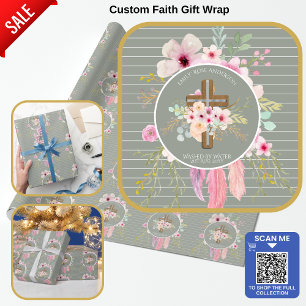 Pink Sage Floral Cross Girls Baptisme Flower  Cadeaupapier