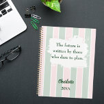 Pink sage green inspirational quote writing 2026 planner<br><div class="desc">Blush pink and sage green stripes with a white brush stroke. Inspiratiional,  motivational Quote:  The future is written by those who dare to plan.  Personalize and add your name and a year.</div>
