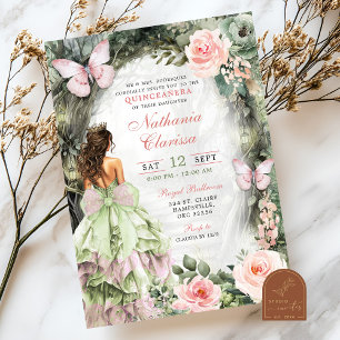 Pink Sage Green Whimsical Forest Quinceanera Kaart