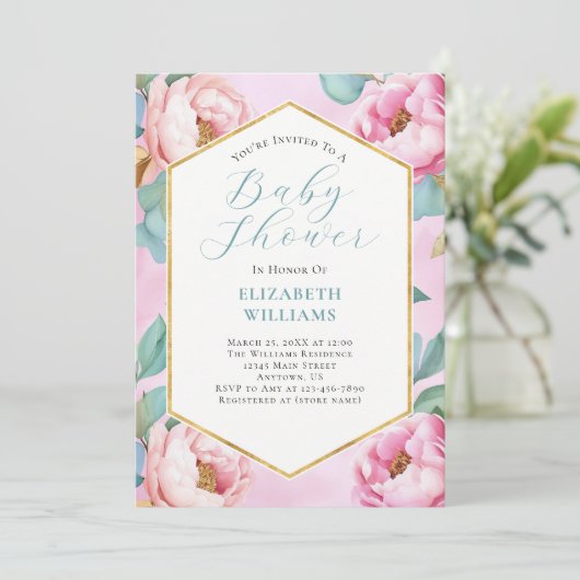 Pink Sage Mint Green Peonies Baby shower Kaart (Staand voorkant)
