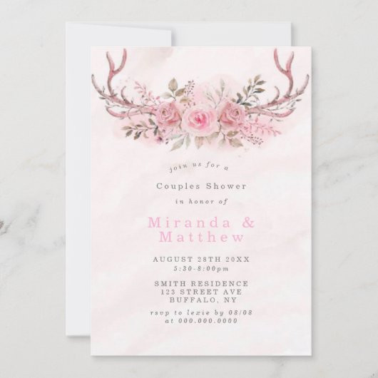 Pink Sage Peony Deer Antlers Couples Shower Invite (Voorkant)
