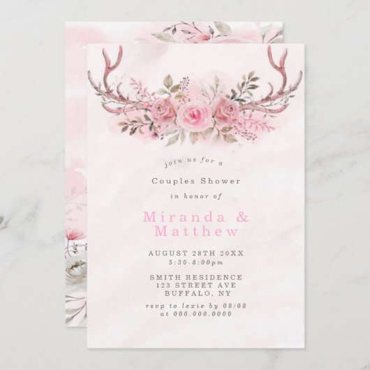 Pink Sage Peony Deer Antlers Couples Shower Invite (Voorkant / Achterkant)