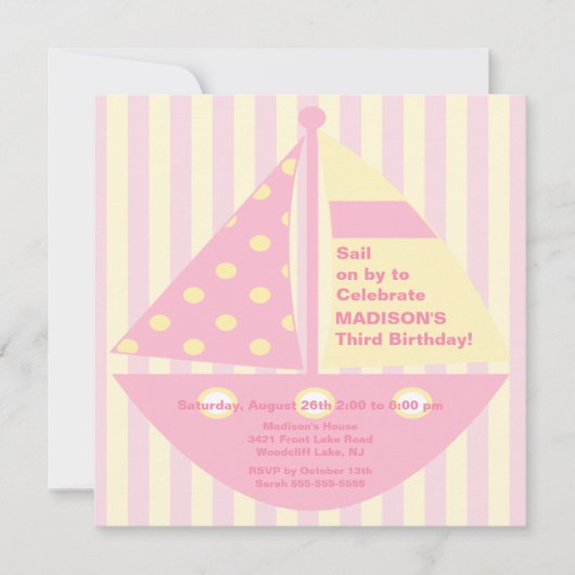 PINK Sailboat Birthday Invitation Kaart (Voorkant)
