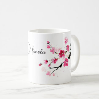 Pink Sakura bloom sumi-e art Koffiemok