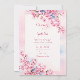 Pink Sakura Blue Watercolor Bronze Frame Wedding Kaart