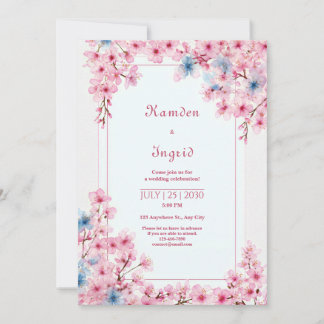 Pink Sakura Periwinkle Blue Romantic Frame Wedding Kaart