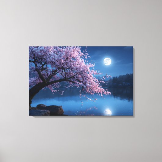 Pink Sakura Tree & Full Moon Night Canvas Print (Voorkant)