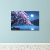 Pink Sakura Tree & Full Moon Night Canvas Print (Insitu (Houten vloer))