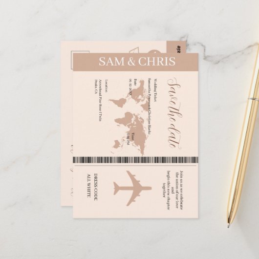 Pink Salmon Boarding Pass World Map Travel Briefkaart (Voorkant / Achterkant in situ)