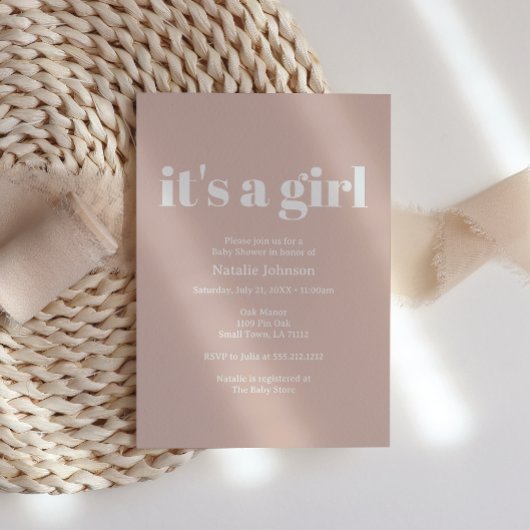 Pink Sandstone Typography Girl Baby Shower Kaart