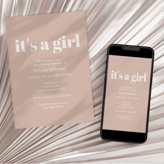 Pink Sandstone Typography Girl Baby Shower Kaart