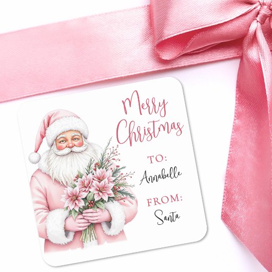 Pink Santa Christmas Gift Tag Sticker