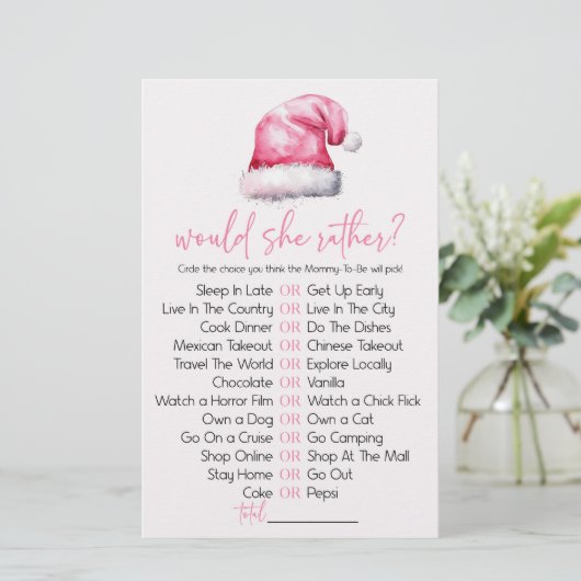 Pink Santa Hat Zou Ze Liever Baby shower Game Briefpapier (Staand voorkant)