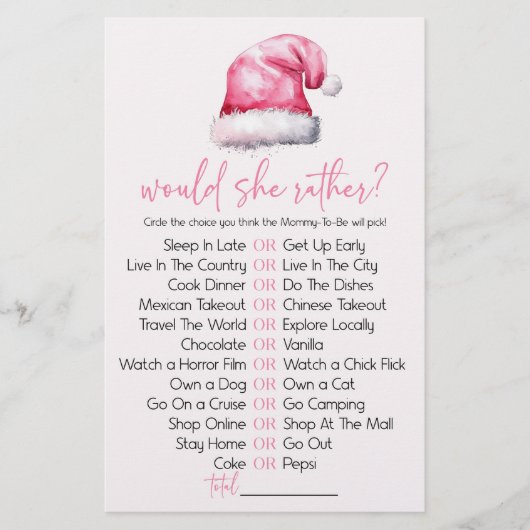 Pink Santa Hat Zou Ze Liever Baby shower Game Briefpapier (Voorkant)