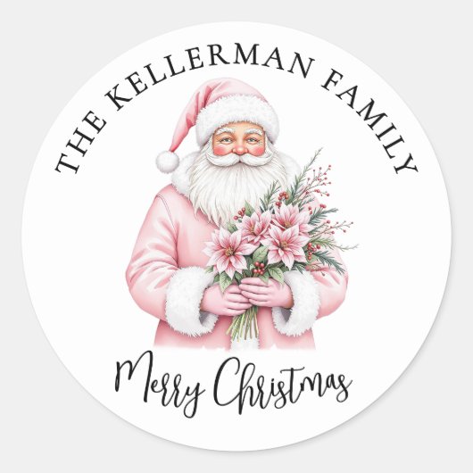 Pink Santa Merry Christmas Ronde Sticker (Voorkant)