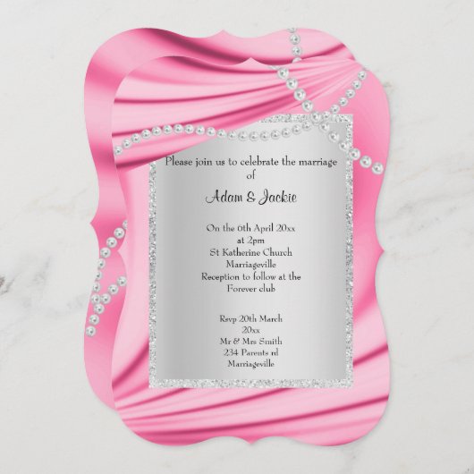 PINK SATIN, DIAMONDS EN PEARLS ELEGANT WEDING KAART (Voorkant / Achterkant)