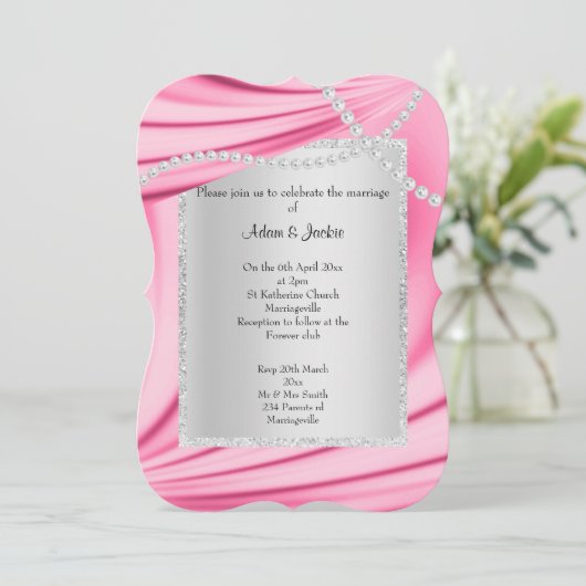 PINK SATIN, DIAMONDS EN PEARLS ELEGANT WEDING KAART (Staand voorkant)