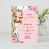 Pink Savannah Monkey Let's Go Bananas Birthday Kaart (Staand voorkant)