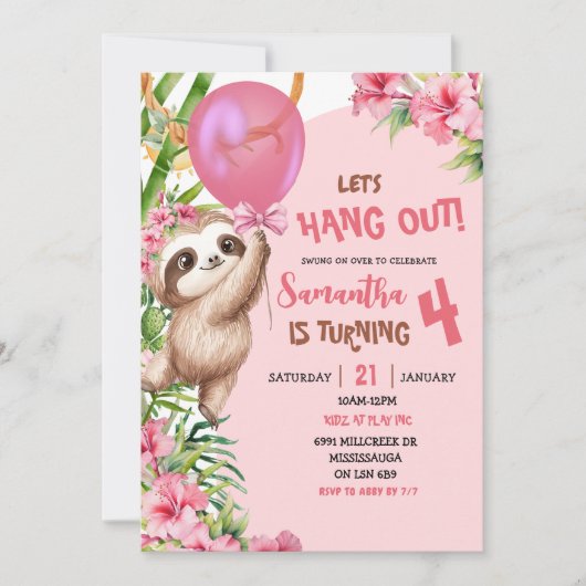 Pink Savannah Sloth Let's Hang Out Birthday Kaart (Voorkant)