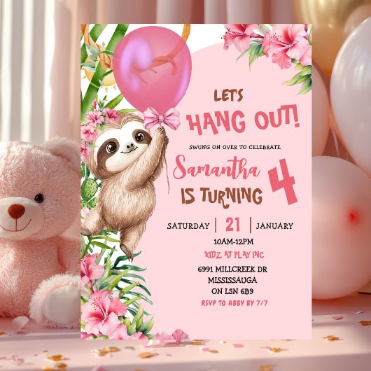 Pink Savannah Sloth Let's Hang Out Birthday Kaart