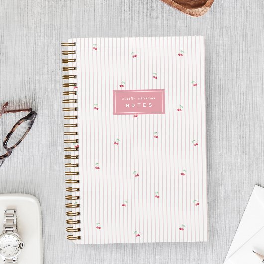 Pink | Scattered Cherry Pinstripe Personalized Notitieboek