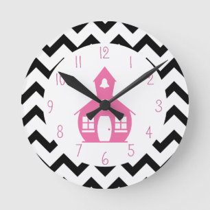 Pink Schoolhouse + Black Chevron Teacher Ronde Klok