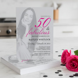 Pink Script 50 and Fabulous Photo Birthday Party Kaart