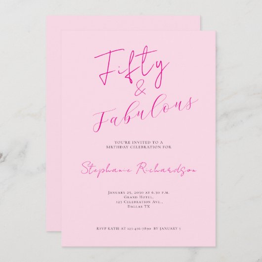 Pink Script Fifty and Fabulous 50th Birthday Party Kaart (Voorkant / Achterkant)