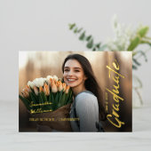 Pink Script Photo Grandmillennial Afstuderen Folie Uitnodiging (Staand Voorkant)