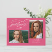 Pink Script QR Code 3 Photo Graduation Party Kaart (Staand voorkant)