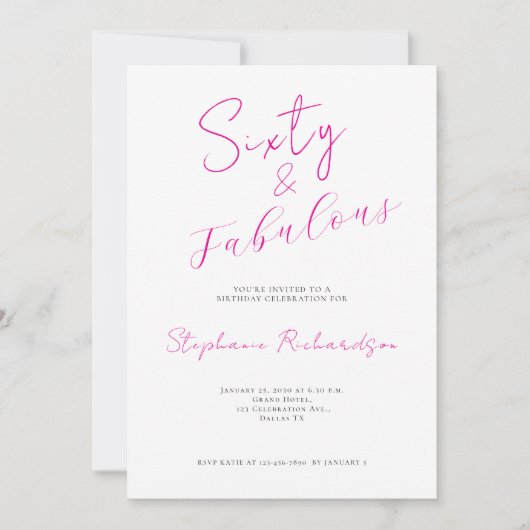 Pink Script Sixty and Fabulous 60th Birthday Party Kaart (Voorkant)